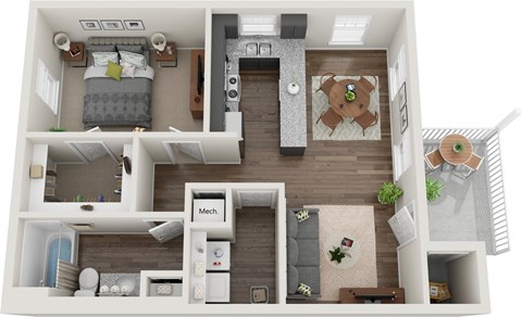 the 1190 sqft floor plan with bedroom and living room